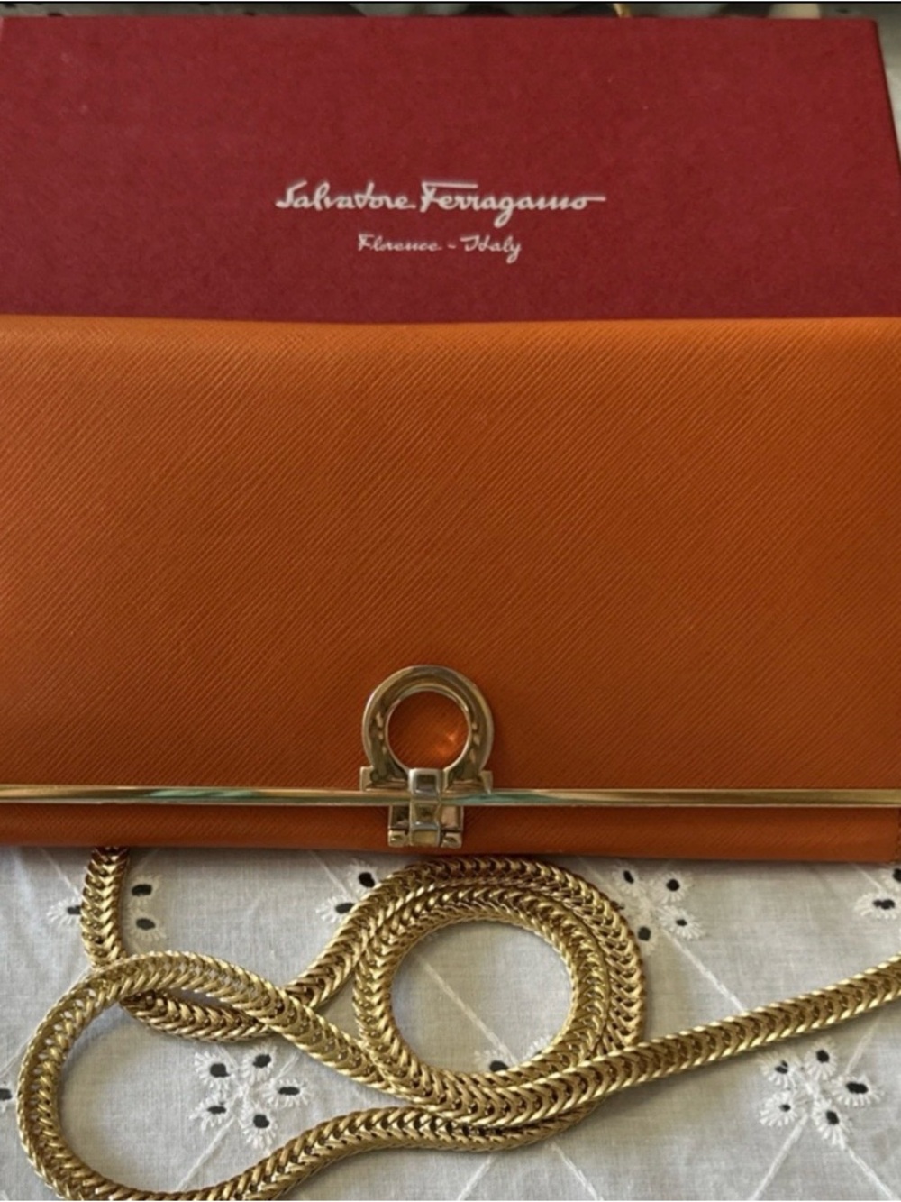 Salvatore Ferragamo Orange Leather Clutch included Chain in wallet-